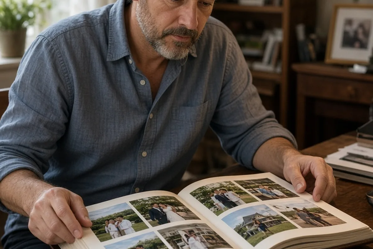 A man in his mid-forties with salt-and-pepper hair and light beard flipping through an open photo book at a wooden desk in a study.