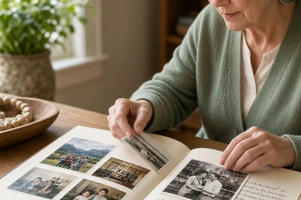 A woman with silver hair in her late 60s opening an archival memory book to reveal old family photos and handwritten captions