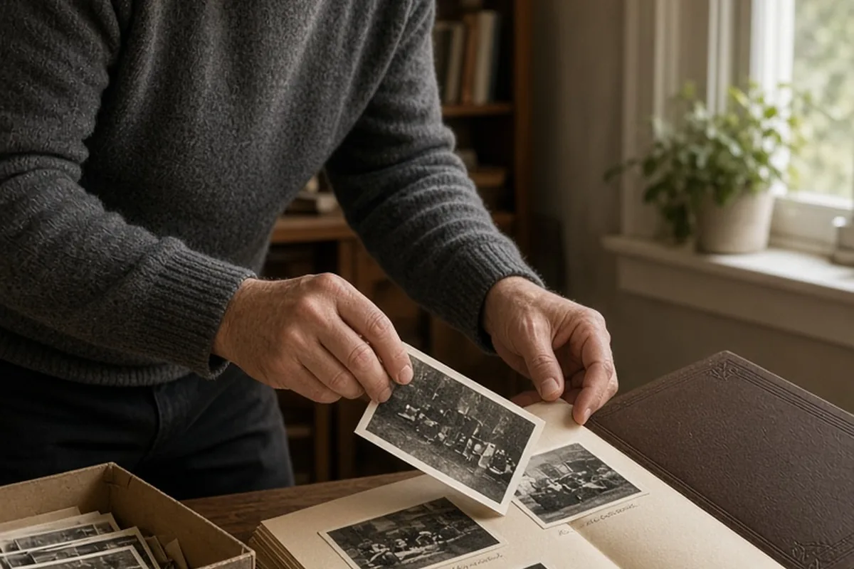 A man's hands placing a vintage photo into an open leather photo album in a home office