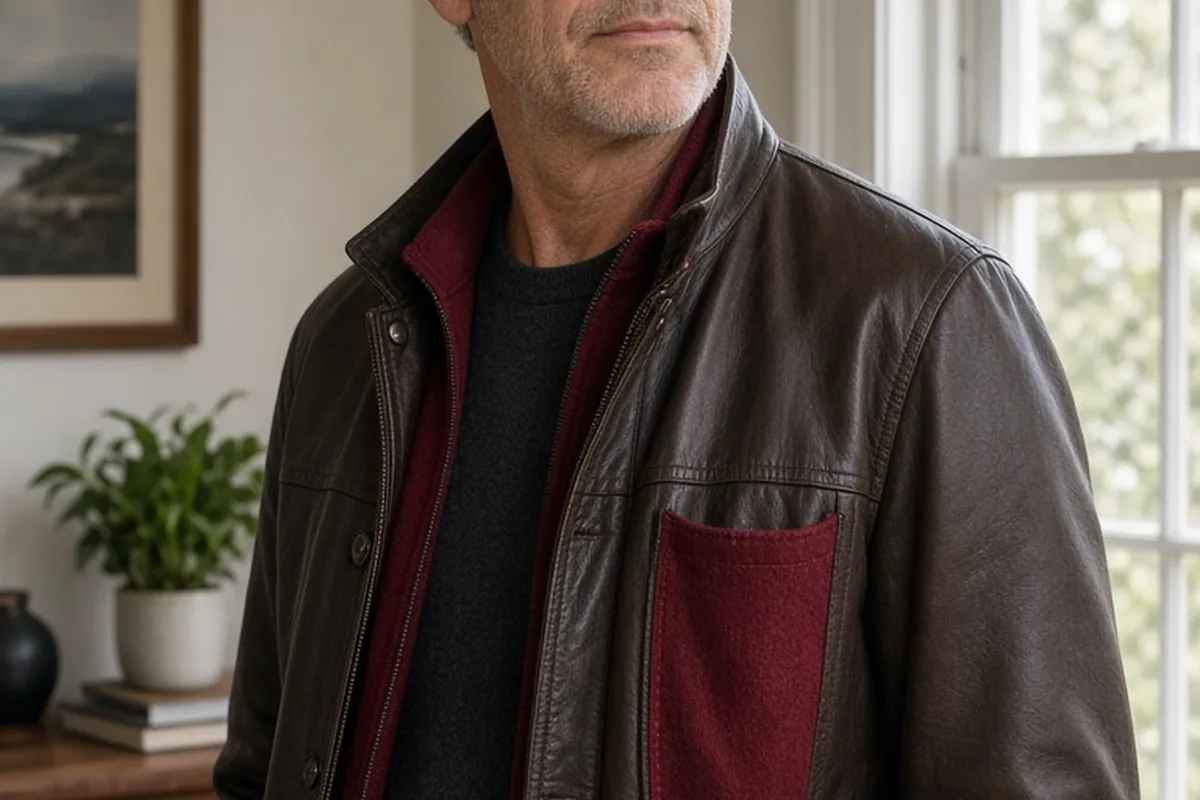 A clearly adult man in his late fifties with short salt-and-pepper hair and light stubble standing in a bright home interior wearing an open dark brown leather field jacket that reveals the deep ruby-