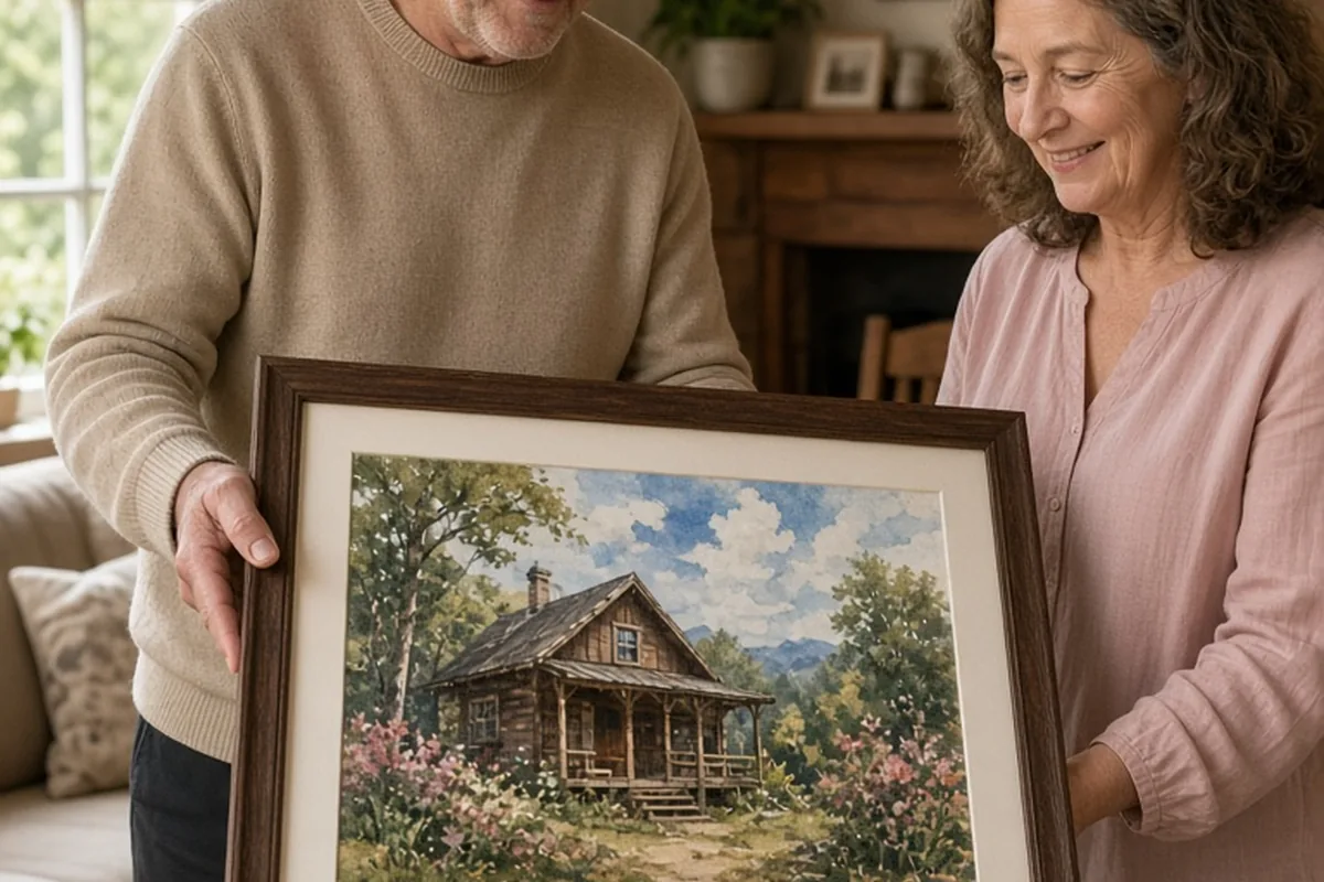 A man in his late sixties presenting a framed watercolor painting of a rustic cabin to his wife in a living room