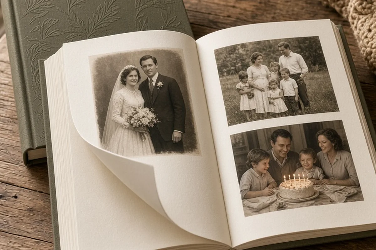 Open archival photo book with restored vintage photographs from a 50th anniversary keepsake on a wooden table