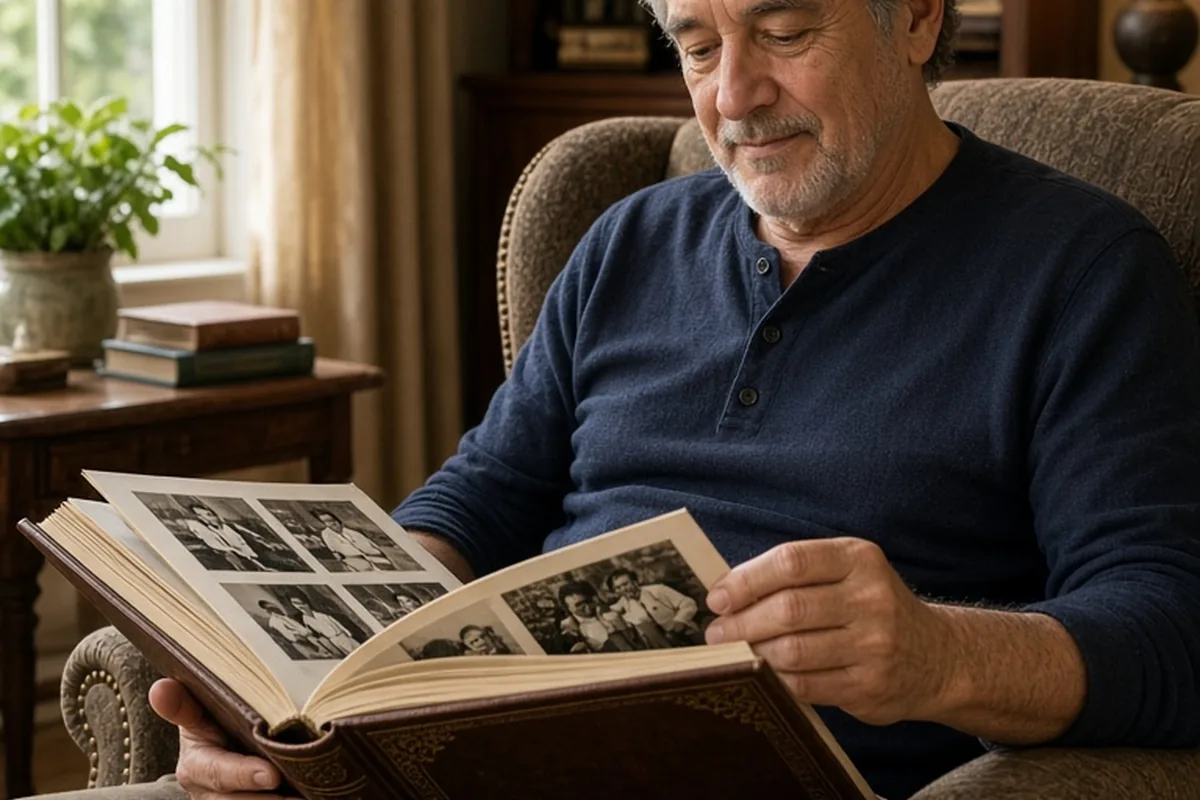 A man with salt-and-pepper hair in a living room armchair reading an open photo book with vintage images