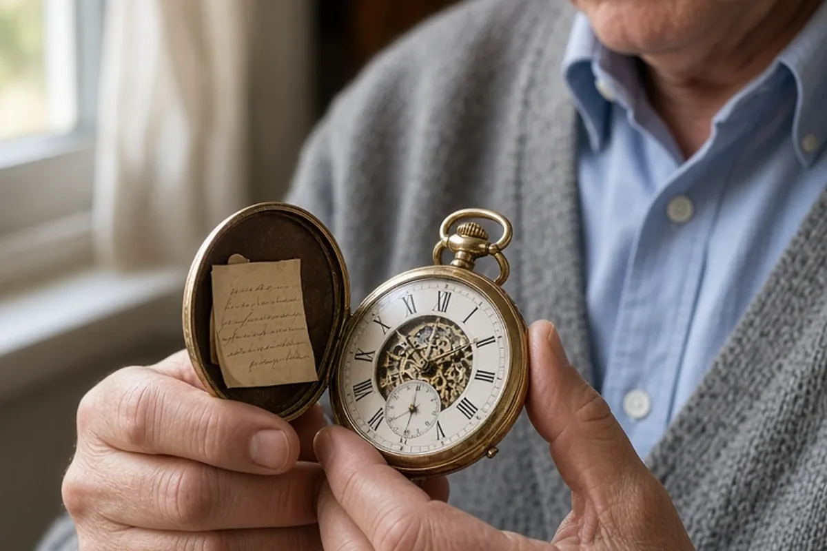 72-year-old man holding a vintage pocket watch in a quiet room, turning it over with an emotional expression
