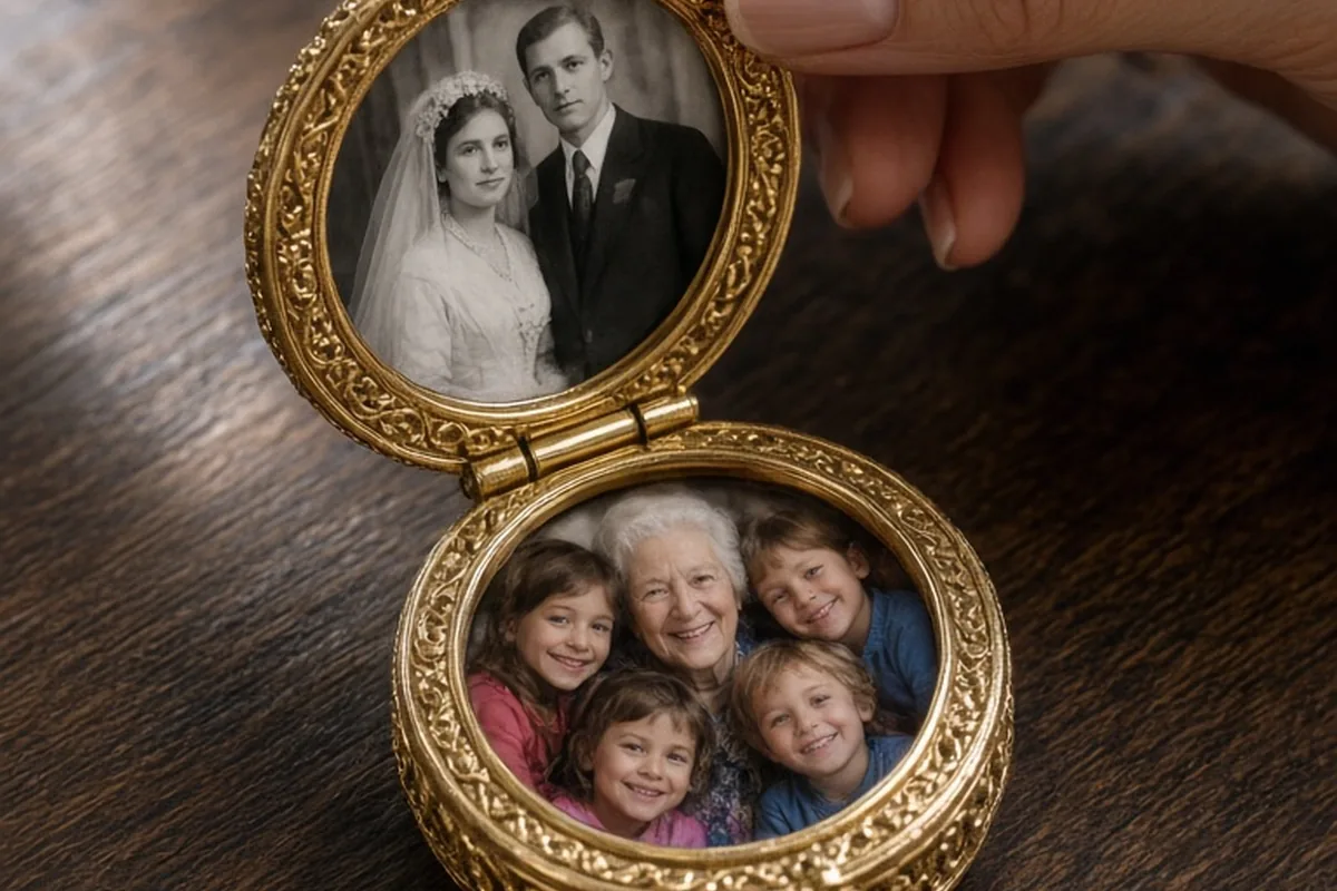 A woman's hand holding an open gold locket with a wedding photo on one side and a family photo with grandchildren on the other.