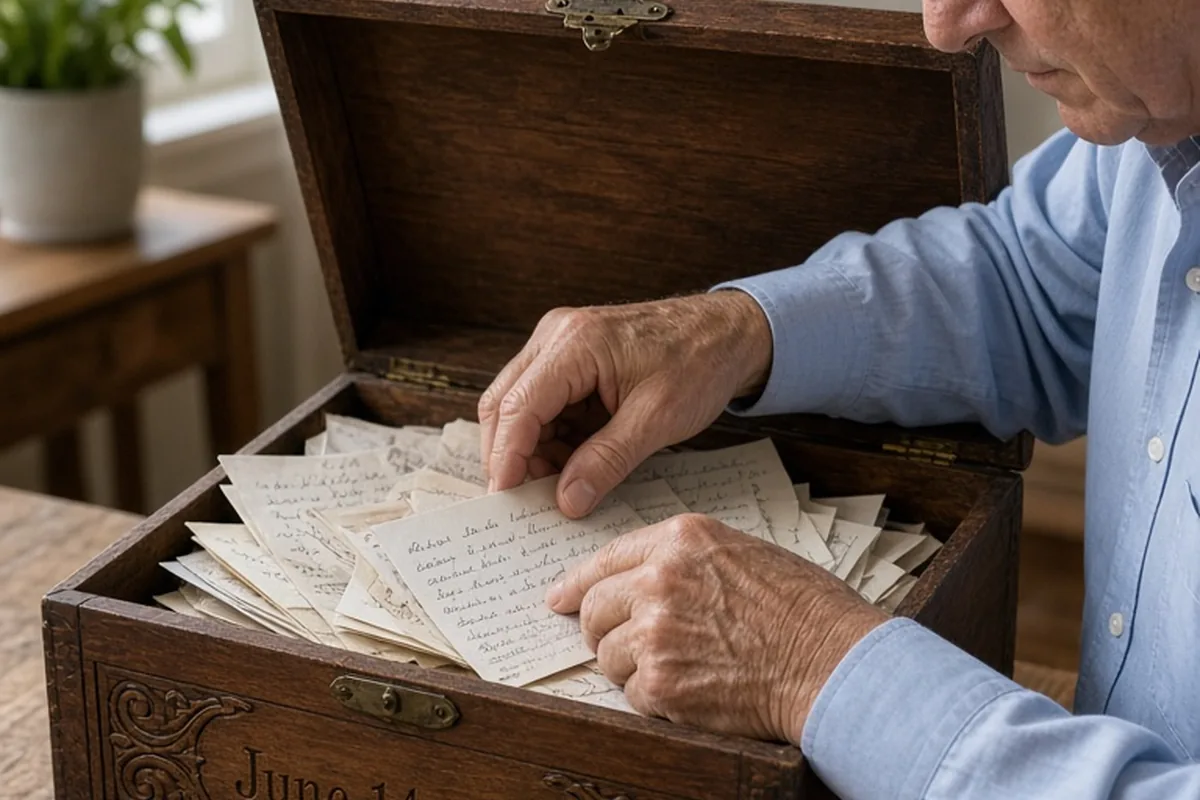 An older man placing a stack of handwritten notes and a diamond-accented locket into an open wooden chest on a table