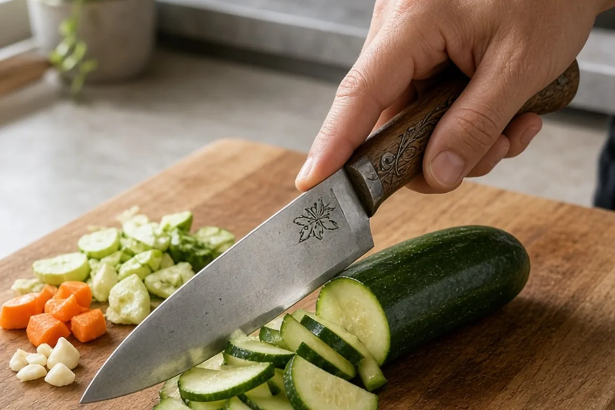 Close-up of a hand holding a carbon steel chef knife with engraved handle slicing vegetables on a wooden cutting board in a kitchen
