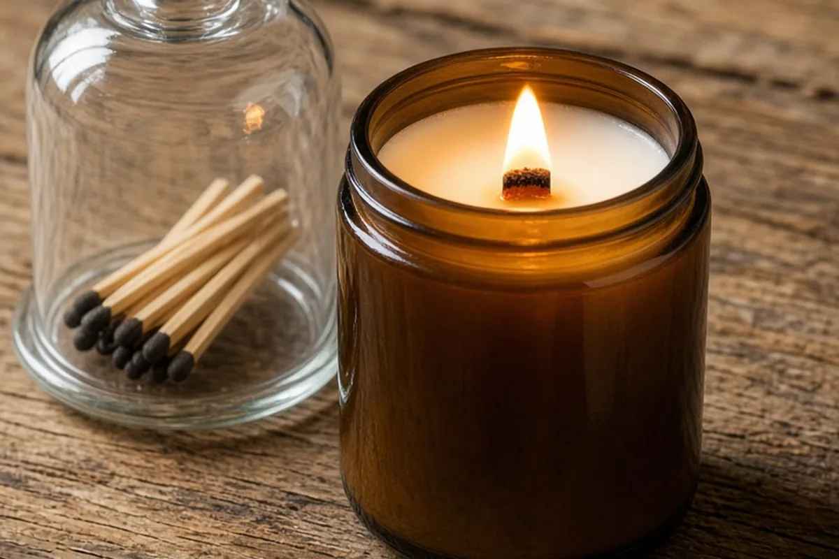 A lit amber glass jar candle with wooden wick next to a bundle of matchsticks in a glass cloche on a wooden table.