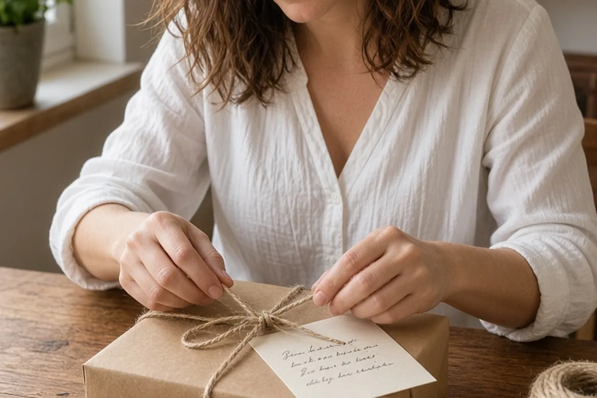 A woman with shoulder-length brown hair in a white blouse tying jute twine around a gift wrapped in butcher paper on a wooden table with a handwritten card attached.