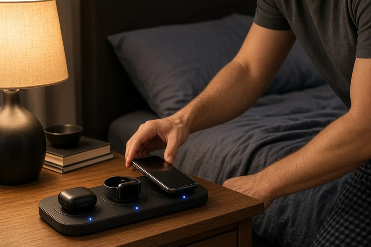 A man in his thirties with short brown hair placing his smartphone, wireless earbuds case, and smartwatch onto a sleek black 3-in-1 weighted wireless charging station on his bedroom nightstand