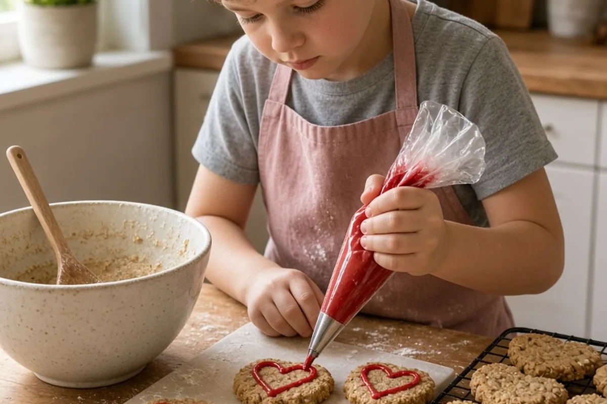 A child piping icing onto heart-shaped oat cookies at a kitchen table