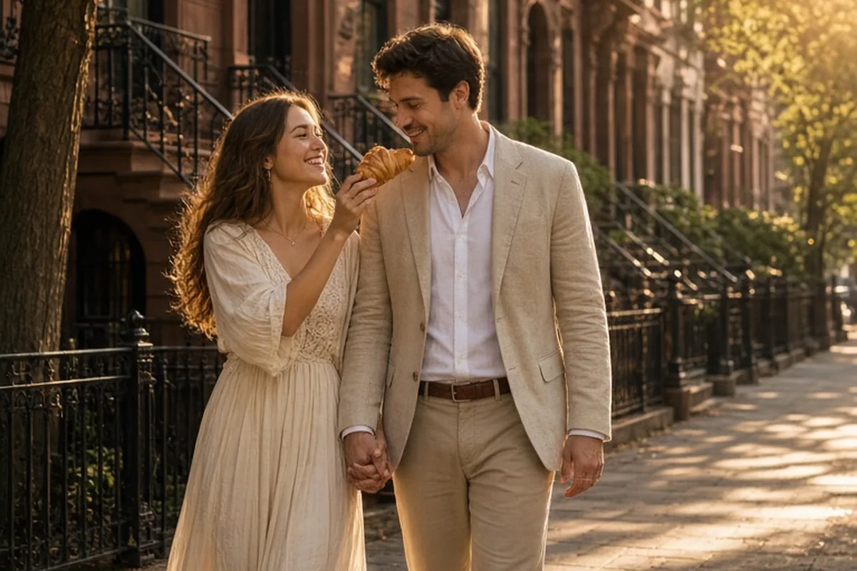 Young couple walking hand in hand sharing a pastry in golden hour light next to brownstone buildings