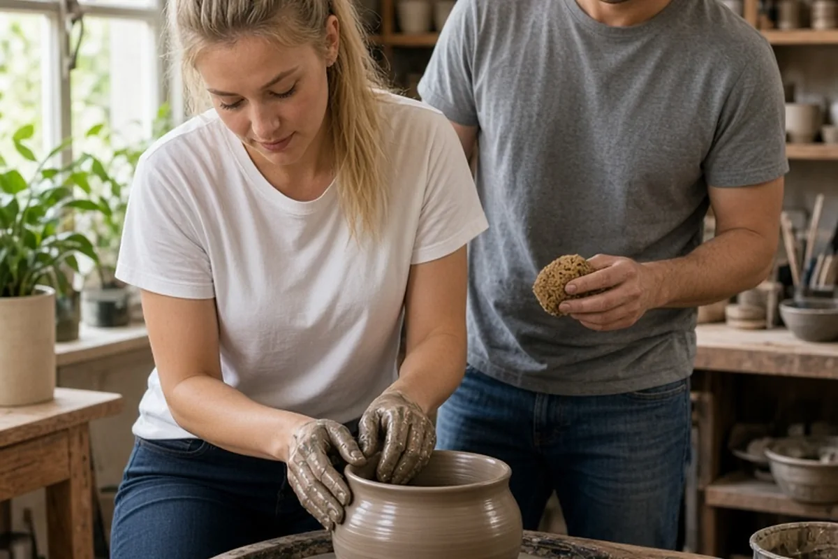 A woman shaping clay on a pottery wheel in a studio with a man standing beside her