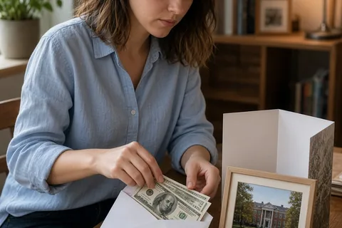 A woman with shoulder-length brown hair sitting at a wooden desk placing a framed college memory print and cash into an open greeting card.