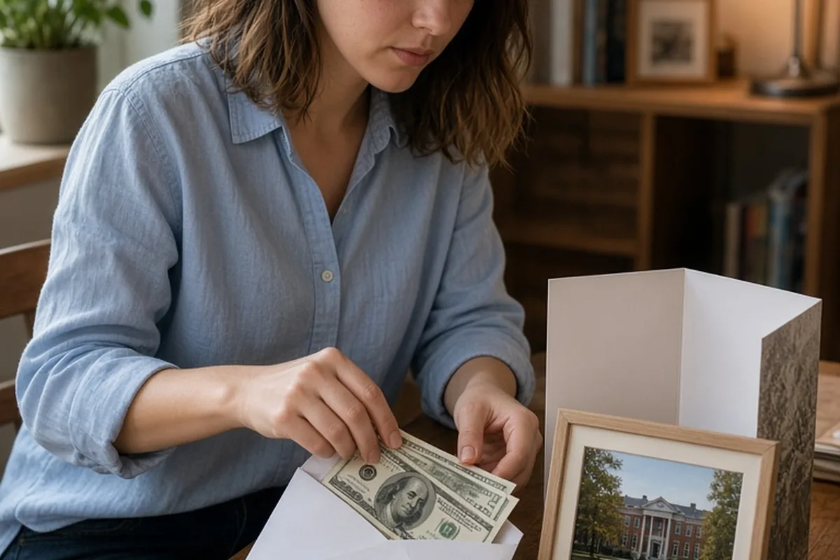 A woman with shoulder-length brown hair sitting at a wooden desk placing a framed college memory print and cash into an open greeting card.