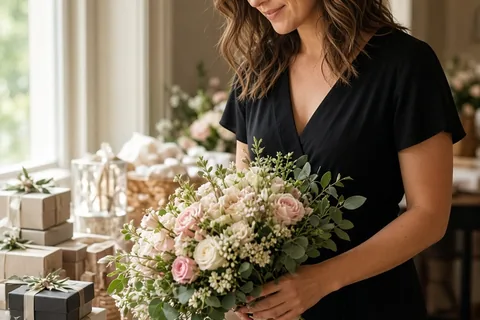 A woman picking up the bridal bouquet at a wedding reception
