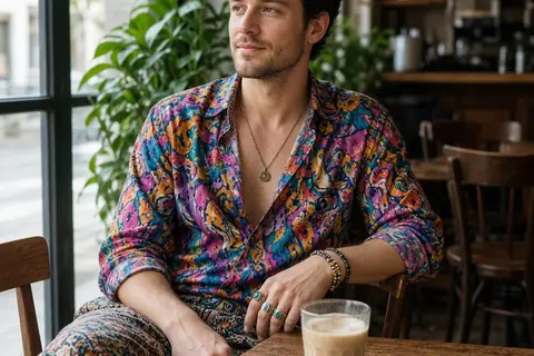 An adult man in an unusual outfit sitting at a cafe table during a casual outing