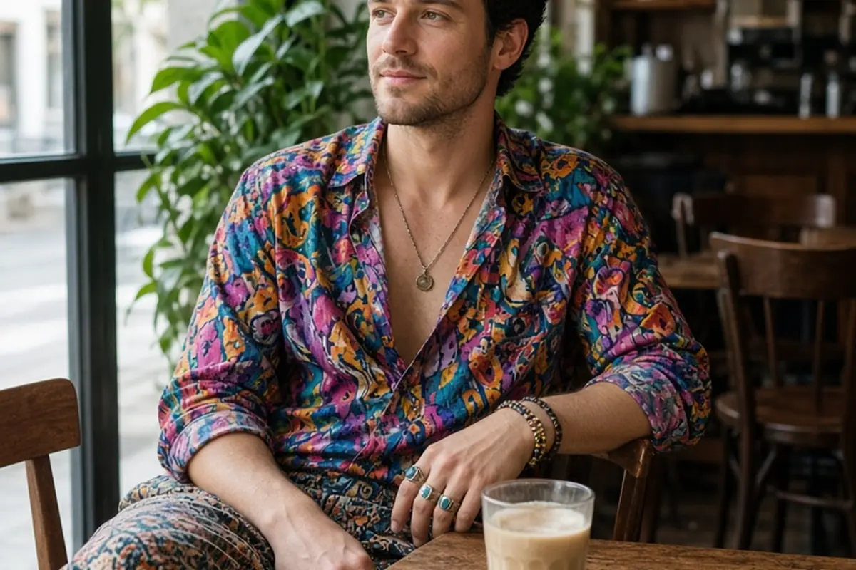 An adult man in an unusual outfit sitting at a cafe table during a casual outing