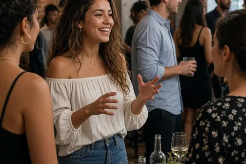 Woman engaging in conversation at a party while a man steps away to talk to another woman in the background