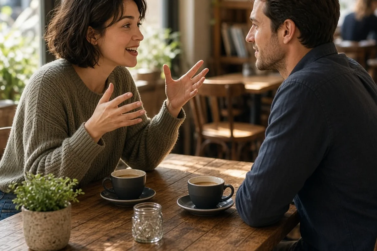 A woman and a man in a cafe engaged in a witty debate about a movie, the woman gesturing as she makes a point, the man smiling and listening