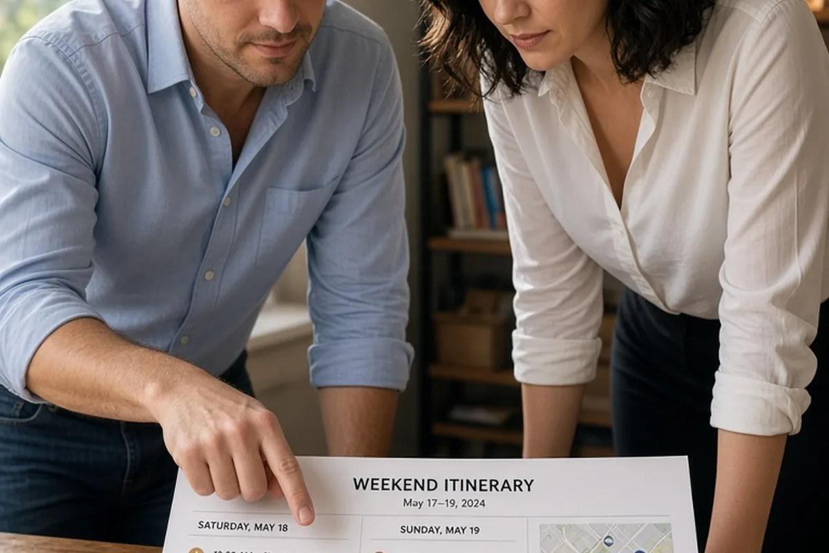 A man in his early thirties pointing at a printed itinerary on a wooden desk as a woman in her early thirties examines the details with interest.