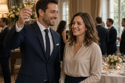 A man raising a glass with genuine happiness next to a woman in professional attire receiving recognition at an indoor event