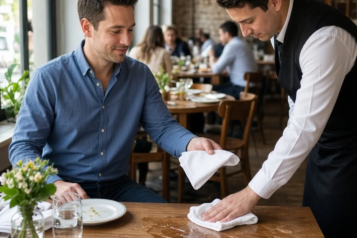 A man calmly interacting with a restaurant server in a restaurant, showing patience as he helps clean up spilled water.