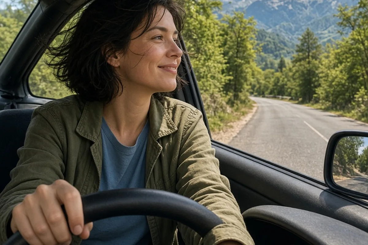 A clearly adult woman with short dark hair driving a car on a scenic road with mountains in the background, looking ahead with curiosity and a gentle smile.