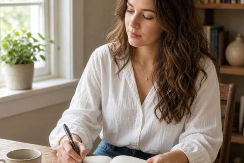 A woman in her late twenties with long wavy brown hair sitting at a desk reading a book in a bright room, calm and absorbed.
