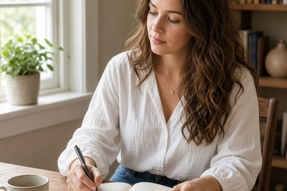 A woman in her late twenties with long wavy brown hair sitting at a desk reading a book in a bright room, calm and absorbed.