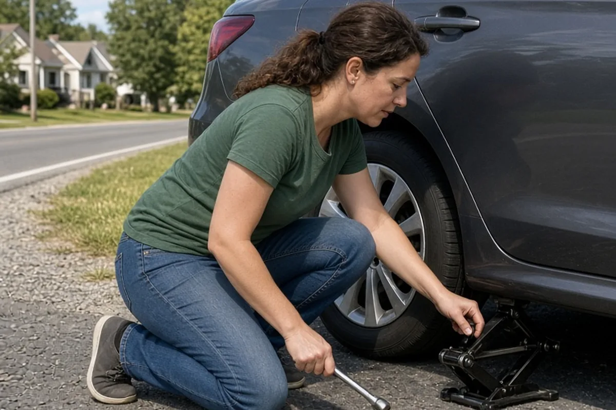 Woman calmly changing a flat tire on the side of the road next to her car.