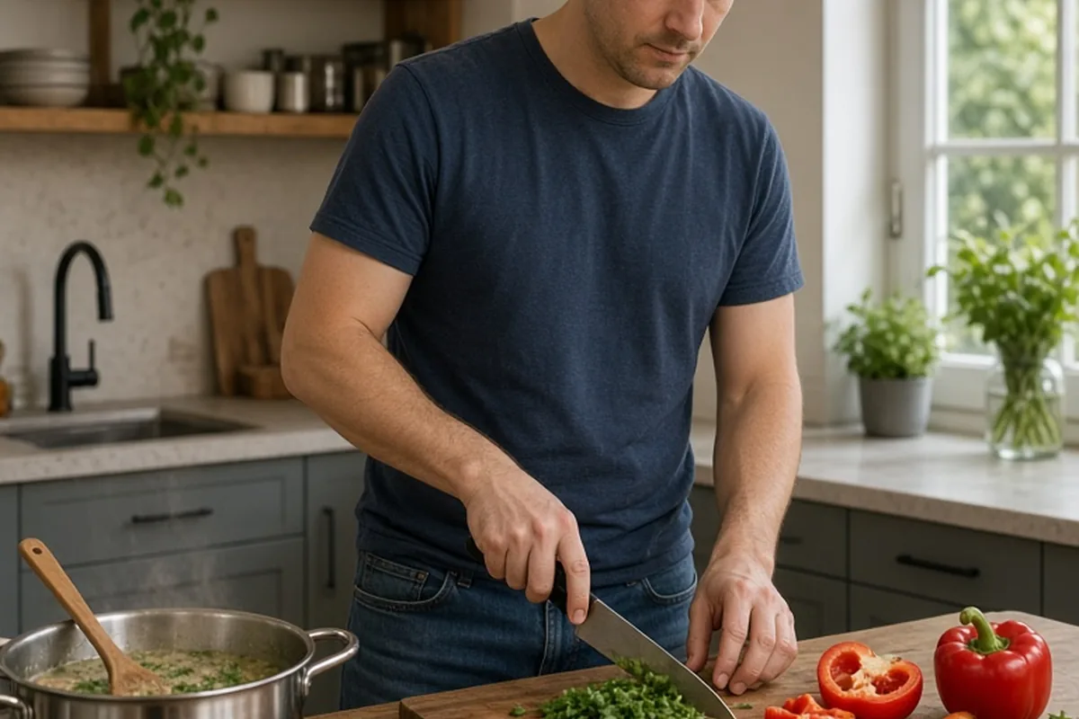 A man in a home kitchen calmly cooking dinner by chopping vegetables and stirring a pot.