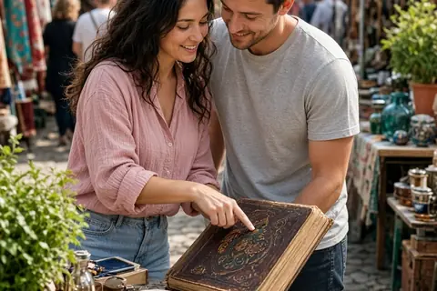 A woman and a man browsing a quirky flea market, the woman pointing at a vintage item while the man looks at it closely.