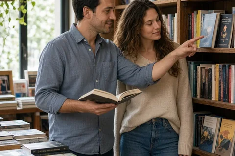 A man with short dark hair and a woman with long wavy brown hair browsing books together in an independent bookstore