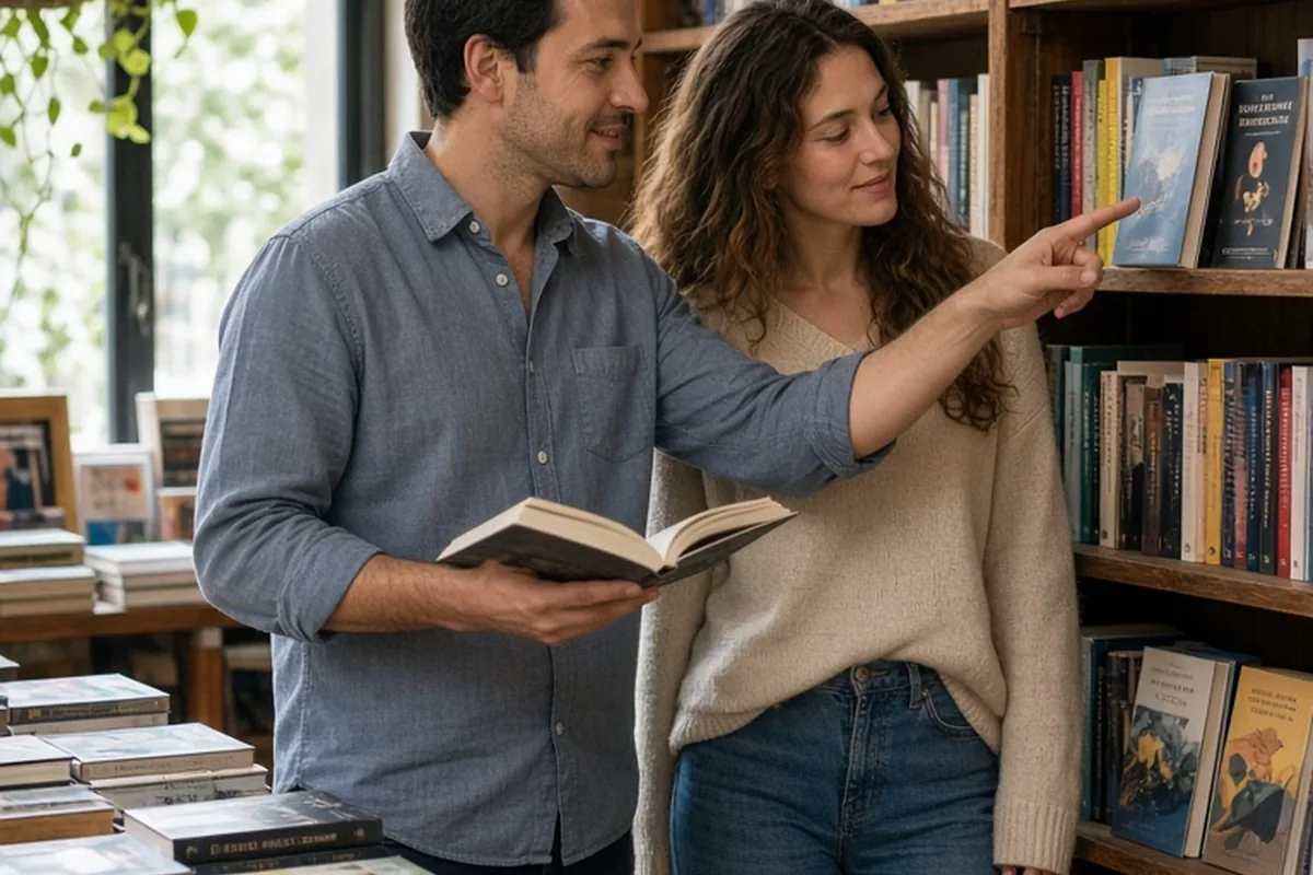 A man with short dark hair and a woman with long wavy brown hair browsing books together in an independent bookstore