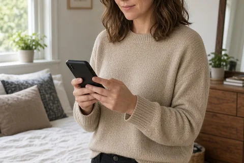 A woman in her early thirties with shoulder-length brown hair and green eyes wearing a beige sweater and black pants stands in her bedroom holding a smartphone and typing a message.