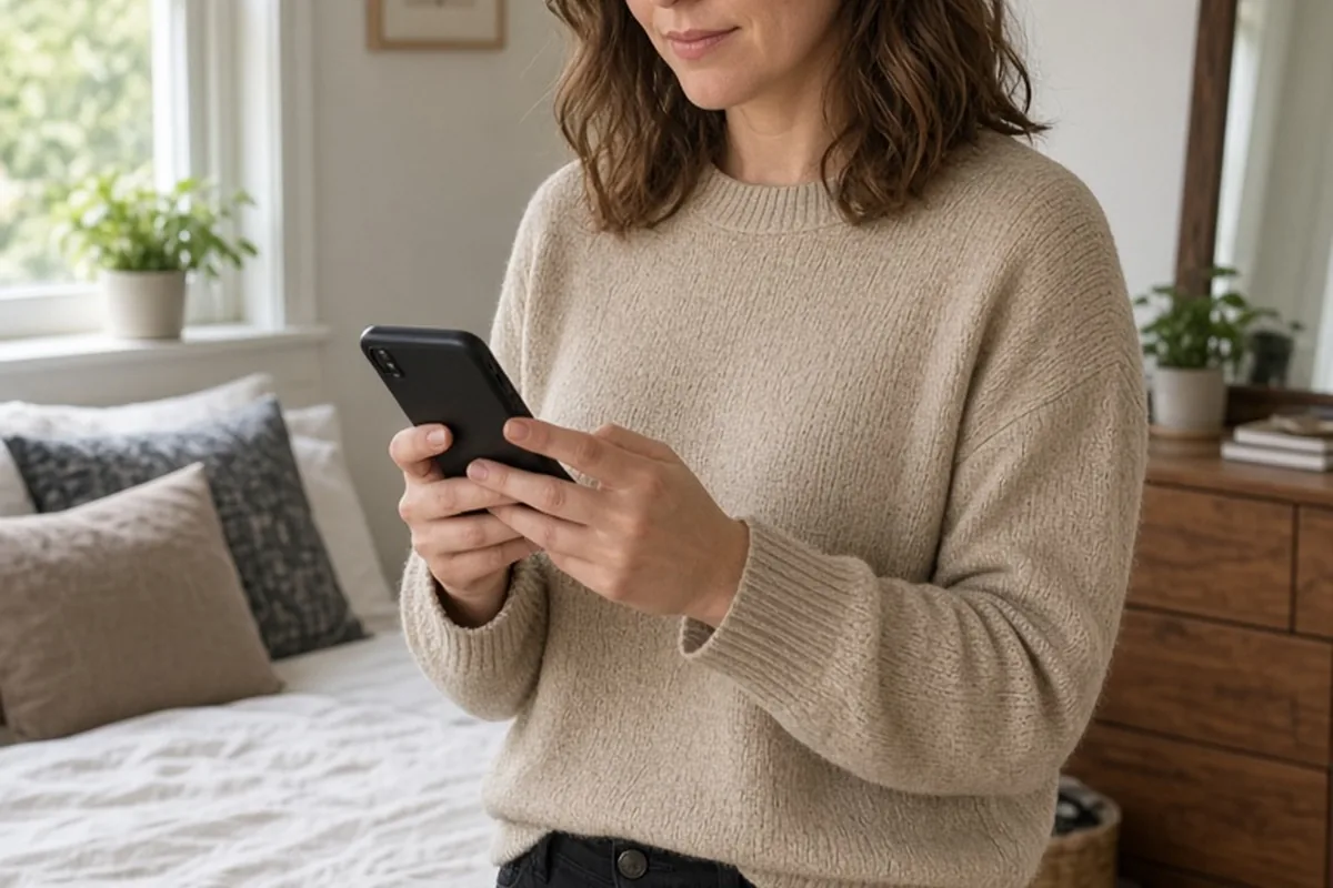 A woman in her early thirties with shoulder-length brown hair and green eyes wearing a beige sweater and black pants stands in her bedroom holding a smartphone and typing a message.