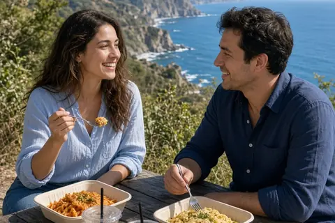 A couple eating takeout at a scenic outdoor overlook with relaxed conversation and natural landscape background.