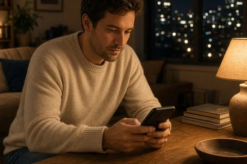 A man in his thirties sitting at a desk in an evening-lit apartment, thoughtfully typing a message on his phone, photorealistic style