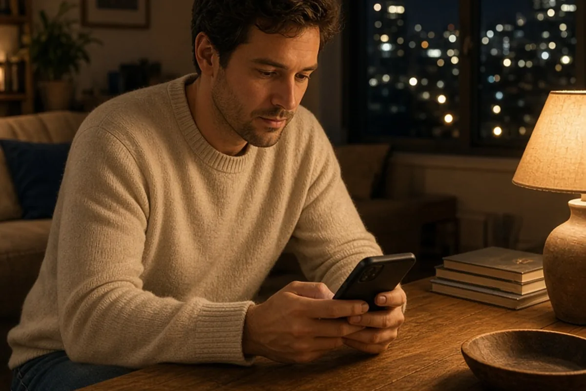 A man in his thirties sitting at a desk in an evening-lit apartment, thoughtfully typing a message on his phone, photorealistic style