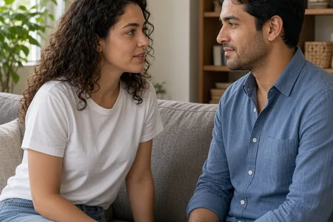 A woman with curly dark hair and green eyes and a man with short black hair and brown eyes sitting on a couch in a living room, engaged in a calm conversation.
