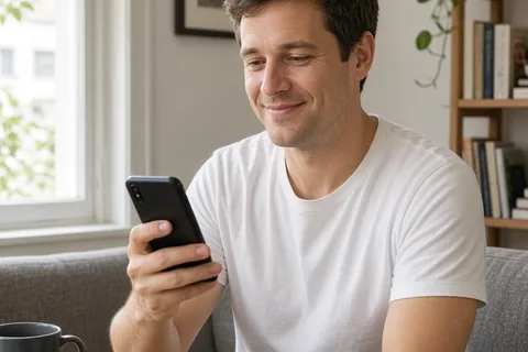 A man in his thirties with short brown hair sitting at a desk in his apartment, holding his smartphone and sending a relaxed message with a calm expression
