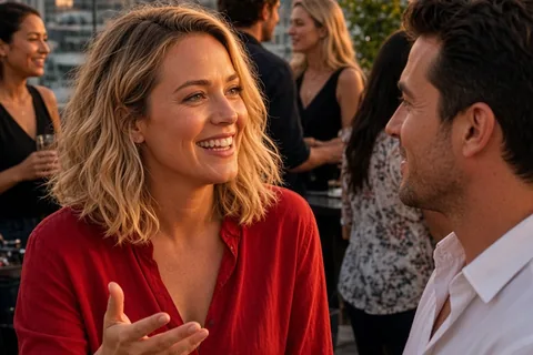 Woman with wavy blonde hair confidently sharing her perspective at a rooftop social gathering with a listening man