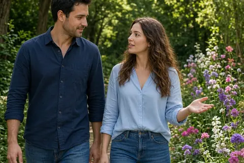 A woman and a man walking through a botanical garden, the woman gesturing at flowers while conversing with her partner