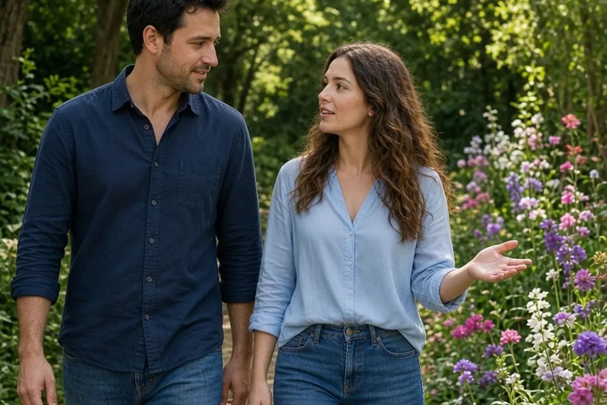 A woman and a man walking through a botanical garden, the woman gesturing at flowers while conversing with her partner
