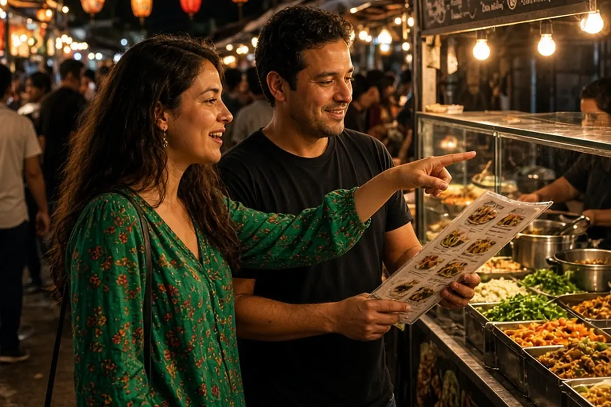 A woman and a man at an outdoor night market food stall, one pointing at a taco stand and the other looking at a menu while smiling