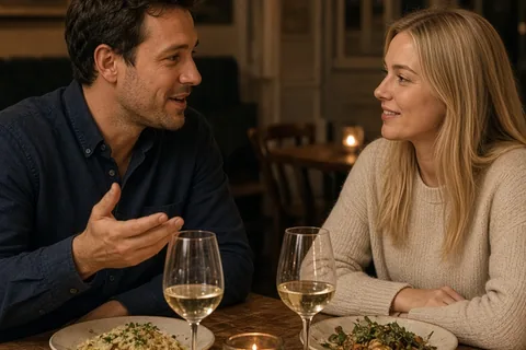 A man in a navy button-down shirt and a woman in a cream sweater seated at a wooden table in an intimate bistro, engaged in an animated conversation where the man is sharing a story and the woman is l
