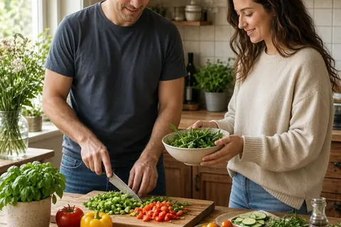 A man chopping vegetables in a kitchen while a woman hands him a bowl of herbs