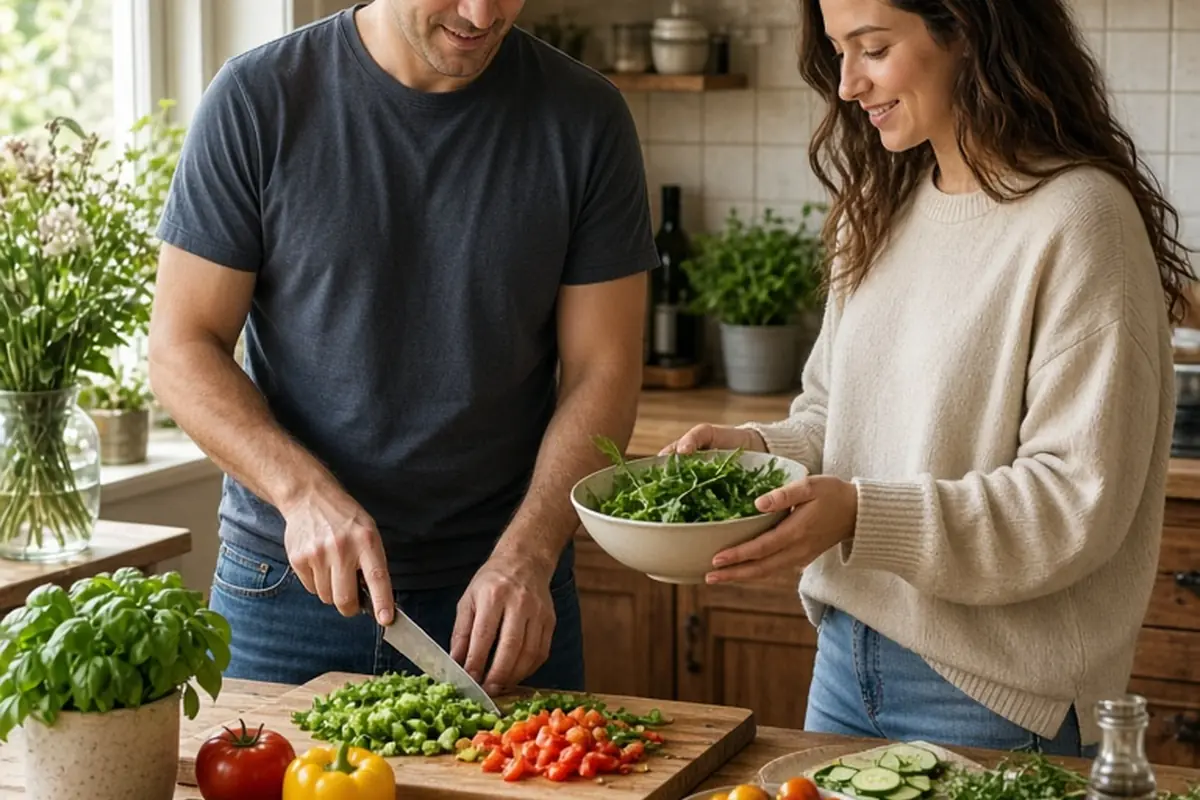A man chopping vegetables in a kitchen while a woman hands him a bowl of herbs