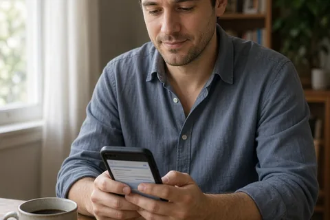 A man with short dark hair calmly holding a smartphone in a home setting and looking at the screen with a reassuring expression